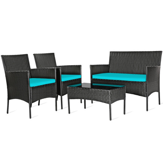 4 Pcs Patio Rattan Cushioned Sofa Furniture Set with Tempered Glass Coffee Table-Turquoise
