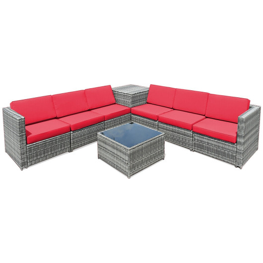 Image of 8 Piece Wicker Sofa Rattan Dinning Set Patio Furniture with Storage Table-Red