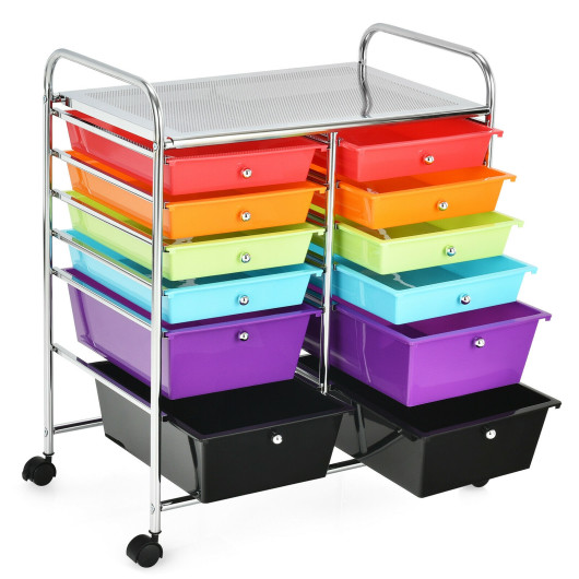 Image of 12 Drawers Rolling Cart Storage Scrapbook Paper Organizer Bins-Deep Multicolor