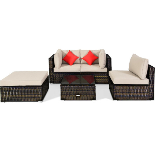 5 Pieces Outdoor Patio Rattan Furniture Set With Cushions-Beige