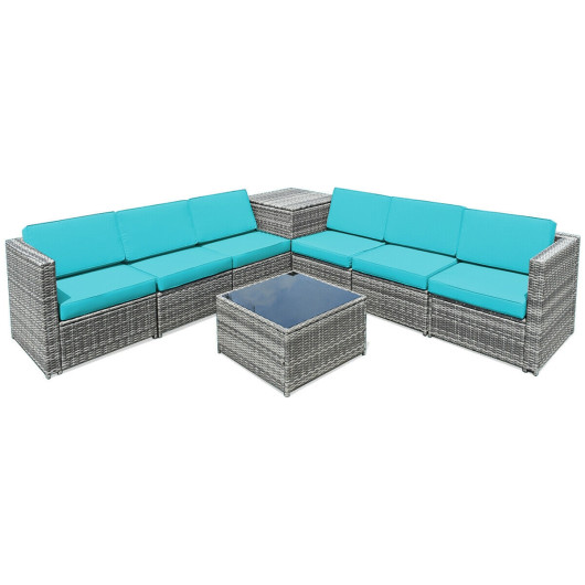 Image of 8 Piece Wicker Sofa Rattan Dinning Set Patio Furniture with Storage Table-Turquoise