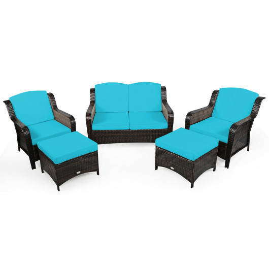 5 Pieces Patio Rattan Sofa Set with Cushion and Ottoman-Turquoise