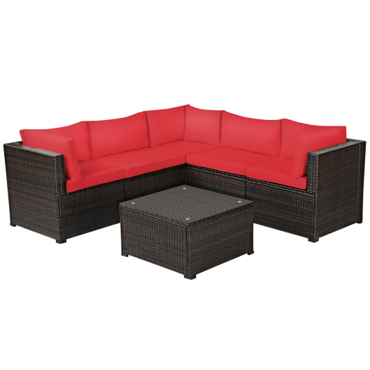 6 Pieces Patio Rattan Furniture Set Sectional Cushioned Sofa Deck-Red
