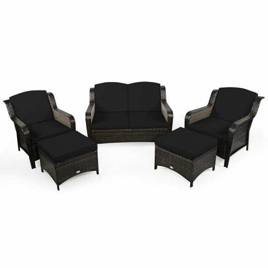 Image of 5 Pieces Patio Rattan Sofa Set with Cushion and Ottoman-Black
