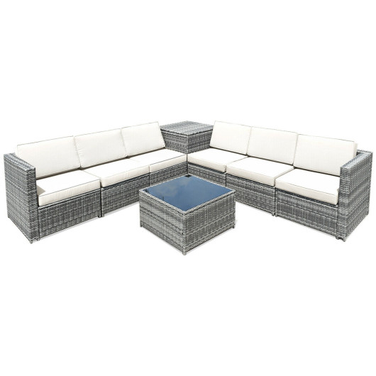Image of 8 Piece Wicker Sofa Rattan Dinning Set Patio Furniture with Storage Table-White