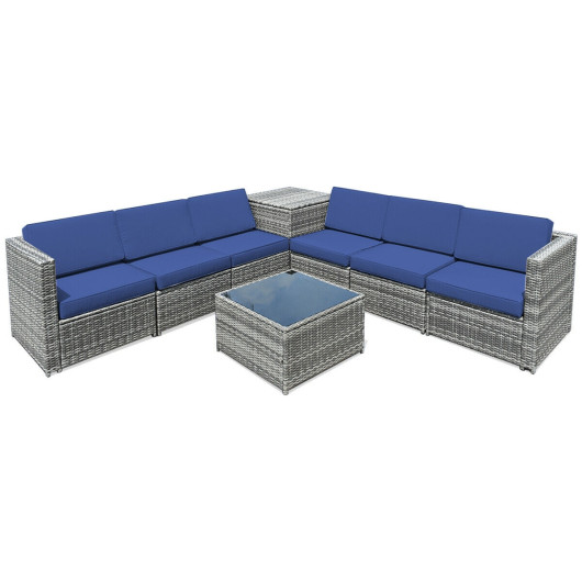 Image of 8 Piece Wicker Sofa Rattan Dinning Set Patio Furniture with Storage Table-Navy