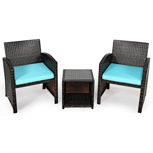 3 Pieces PE Rattan Wicker Furniture Set with Cushion Sofa Coffee Table for Garden-Turquoise