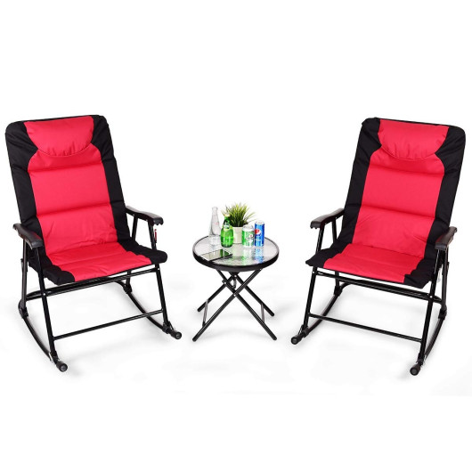 3 Pcs Outdoor Folding Rocking Chair Table Set with Cushion-Black & Red