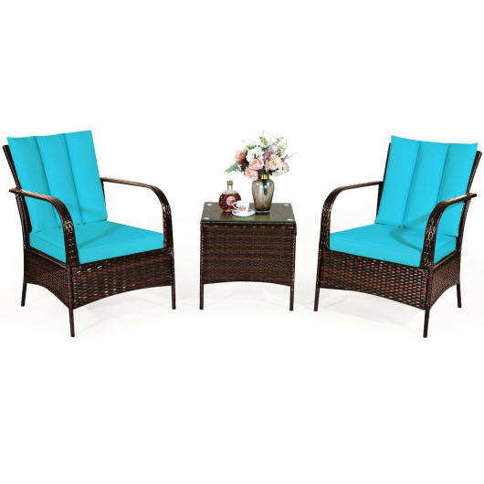 3 Pcs Patio Conversation Rattan Furniture Set with Glass Top Coffee Table and Cushions-Turquoise