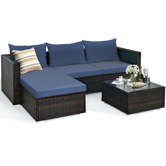 5 Pieces Patio Rattan Sectional Furniture Set with Cushions and Coffee Table -Navy