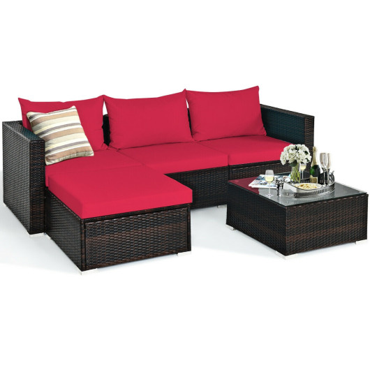 5 Pieces Patio Rattan Sectional Furniture Set with Cushions and Coffee Table-Red