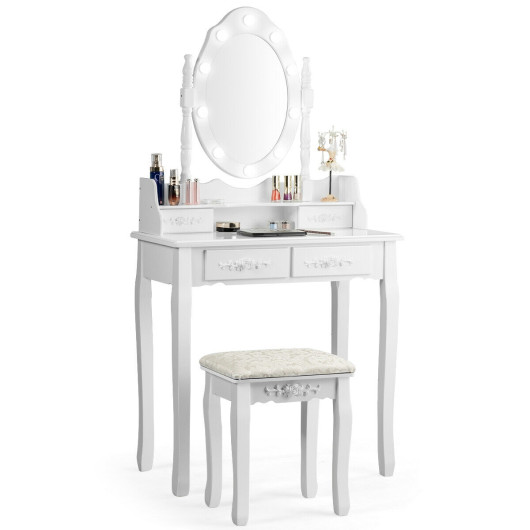 Image of Makeup Vanity Dressing Table Set with Dimmable Bulbs Cushioned Stool-White