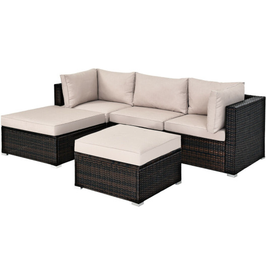 5 Pcs Patio Rattan Sofa Set with Cushion and Ottoman-Beige