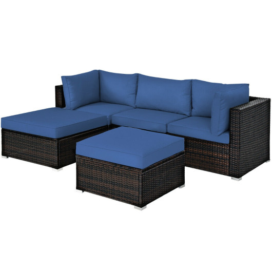 5 Pcs Patio Rattan Sofa Set with Cushion and Ottoman-Navy