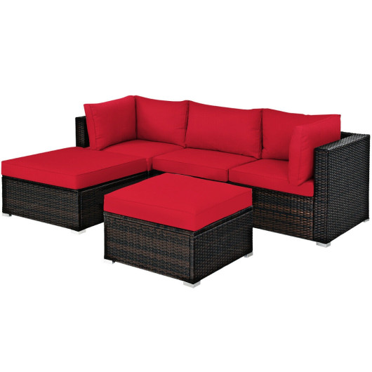 5 Pcs Patio Rattan Sofa Set with Cushion and Ottoman-Red