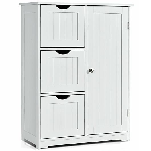 Bathroom Floor Cabinet Side Storage Cabinet with 3 Drawers and 1 Cupboard-White
