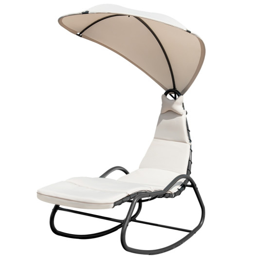 Image of Chaise Lounge Swing with Wide Canopy Sun Shade and Soft Cushion-Beige