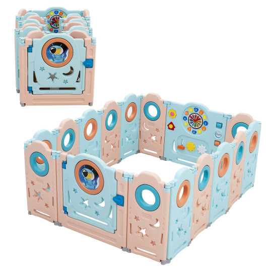 Image of 16-Panel Foldable Baby Safety Play Yard Playpen with Lockable Gate