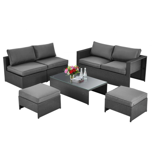 Image of 6 Pieces Patio Rattan Furniture Set Space Saving Cushioned No Assembly-Gray
