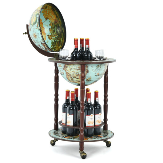 Image of 17 Inch Globe Wine Bar Stand 16th Century Italian Map Liquor Bottle Shelf Cart