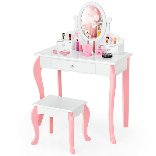 Image of Kids Vanity Princess Makeup Dressing Table Stool Set with Mirror and Drawer-White