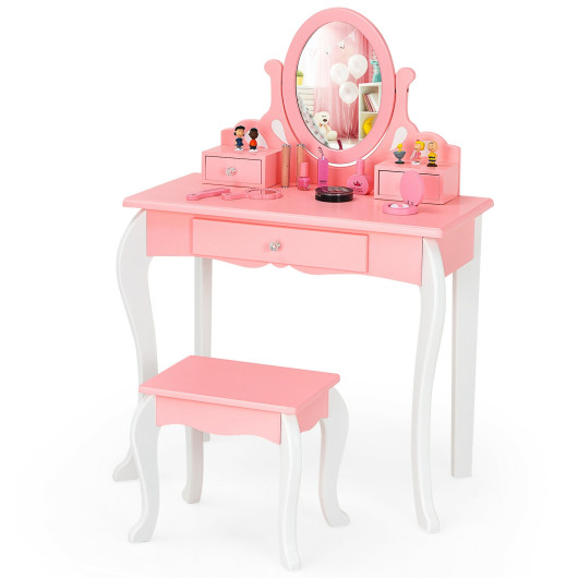 Image of Kids Vanity Princess Makeup Dressing Table Stool Set with Mirror and Drawer-Pink