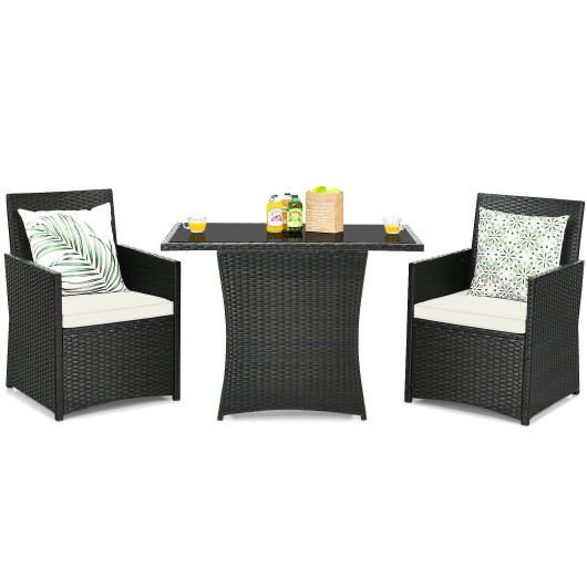 3 Pieces Patio Rattan Furniture Set with Cushion and Sofa Armrest-White