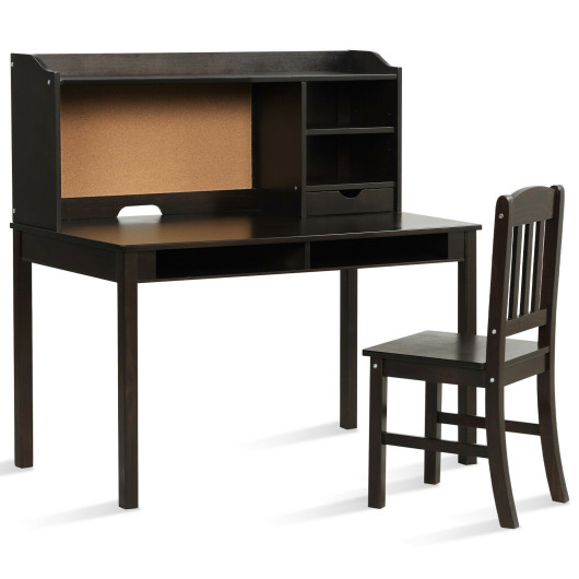 Kids Desk and Chair Set Study Writing Desk with Hutch and Bookshelves-Brown