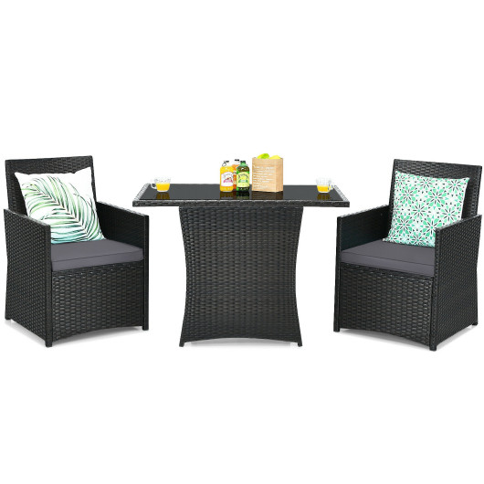3 Pieces Patio Rattan Furniture Set with Cushion and Sofa Armrest-Gray