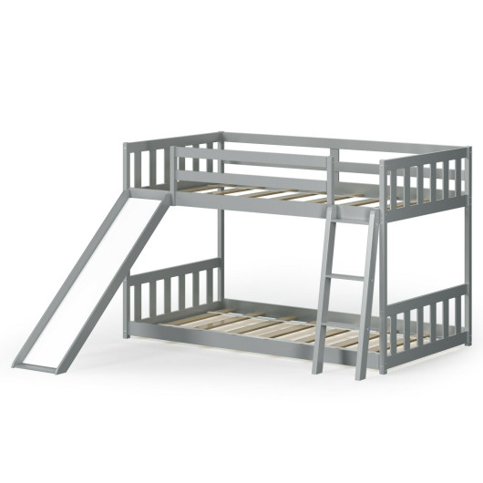 Twin over Twin Bunk Wooden Low Bed with Slide Ladder for Kids-Gray