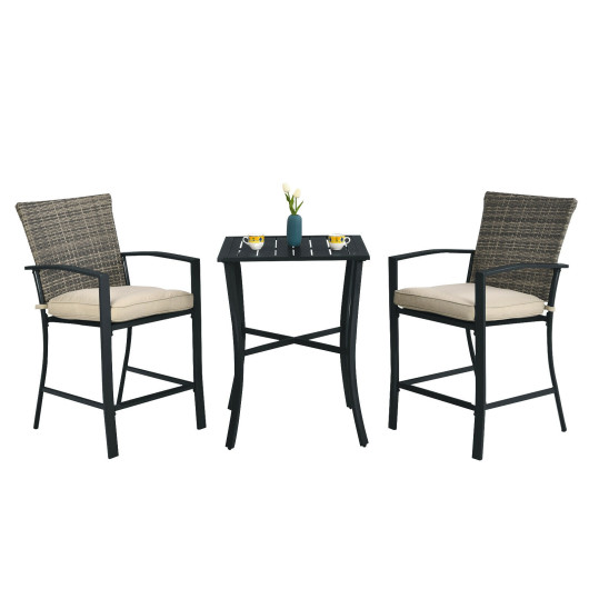 3 Pieces Patio Rattan Bar Furniture Set with Slat Table and 2 Cushioned Stools-Gray