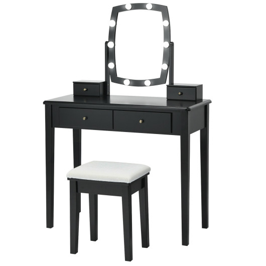 Image of Vanity Table Set with Lighted Mirror for Bedroom and Dressing Room-Black