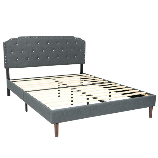 Image of Upholstered Bed Frame with Adjustable Diamond Button Headboard-Full Size