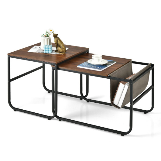 Image of Set of 2 Nesting Coffee Table with Magazine Holder-Rustic Brown
