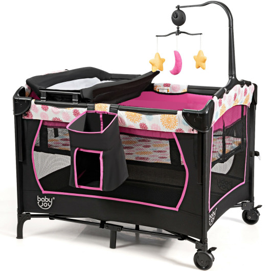 3-in-1 Convertible Portable Baby Playard with Music Box Wheel and Brakes-Pink