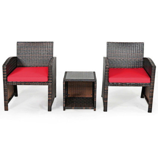 3 Pieces PE Rattan Wicker Furniture Set with Cushion Sofa Coffee Table for Garden-Red