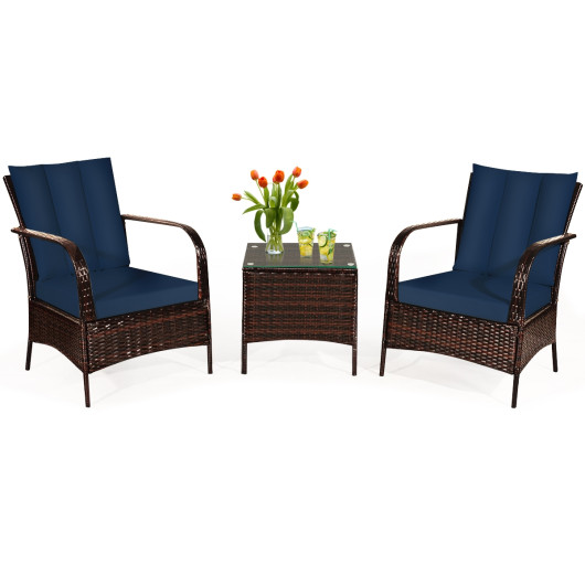 3 Pcs Patio Conversation Rattan Furniture Set with Glass Top Coffee Table and Cushions-Navy