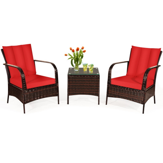 3 Pcs Patio Conversation Rattan Furniture Set with Glass Top Coffee Table and Cushions-Red