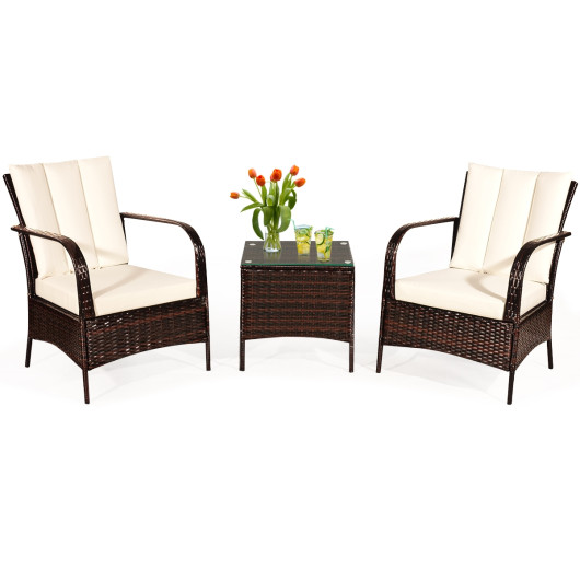 3 Pcs Patio Conversation Rattan Furniture Set with Glass Top Coffee Table and Cushions-White