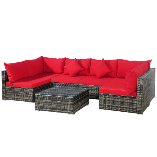 7 Pieces Patio Rattan Furniture Set Sectional Sofa Garden Cushion-Red