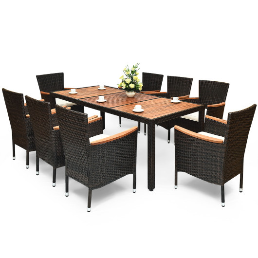 9 Pcs Patio Rattan Dining Set 8 with Stackable Chairs Cushioned and Acacia Wood Table Top