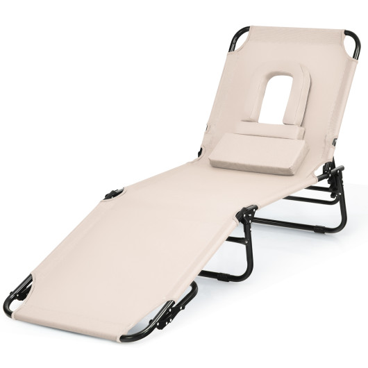 Outdoor Folding Chaise Beach Pool Patio Lounge Chair Bed with Adjustable Back and Hole-Beige