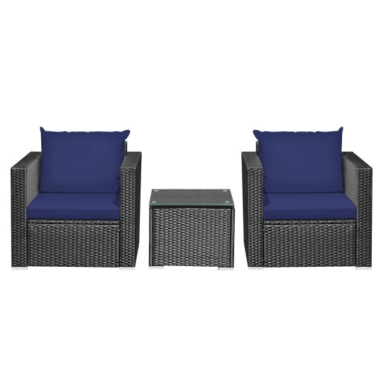 3 Pieces Patio Wicker Furniture Set with Cushion-Navy