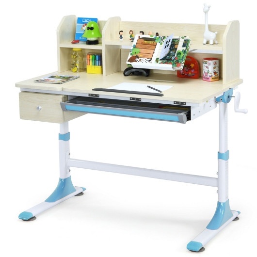 Adjustable Height Kids Study Desk Drafting Table with Bookshelf and Hutch-Blue