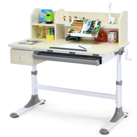 Adjustable Height Kids Study Desk Drafting Table with Bookshelf and Hutch-Gray