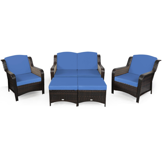 5 Pieces Patio Rattan Sofa Set with Cushion and Ottoman-Navy