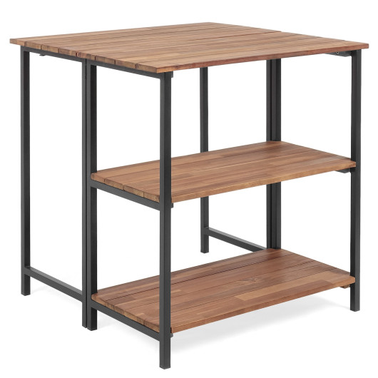 Image of Acacia Wood Patio Folding Dining Table Storage Shelves