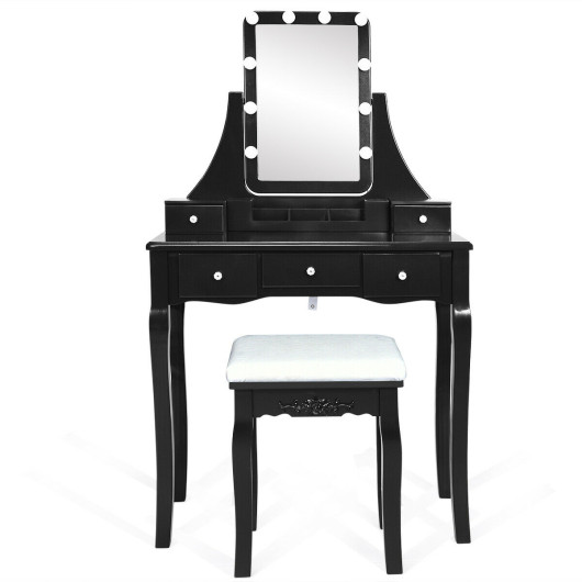 Image of 10 Dimmable Light Bulbs Vanity Dressing Table with 2 Dividers and Cushioned Stool-Black
