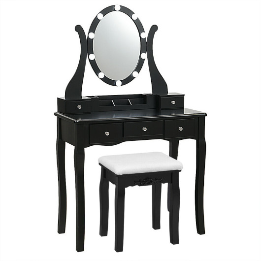 Image of 10 Dimmable Lights Vanity Table Set with Lighted Mirror and Cushioned Stool-Black