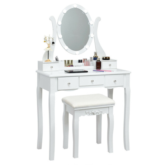 Image of 10 Dimmable Lights Vanity Table Set with Lighted Mirror and Cushioned Stool-White